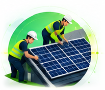 Illustration of two engineers lifting a solar panel onto a roof