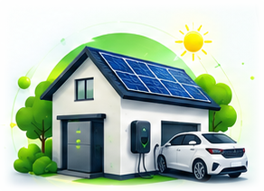 Illustration of a finished home with solar panels, battery and an EV charging on the drive
